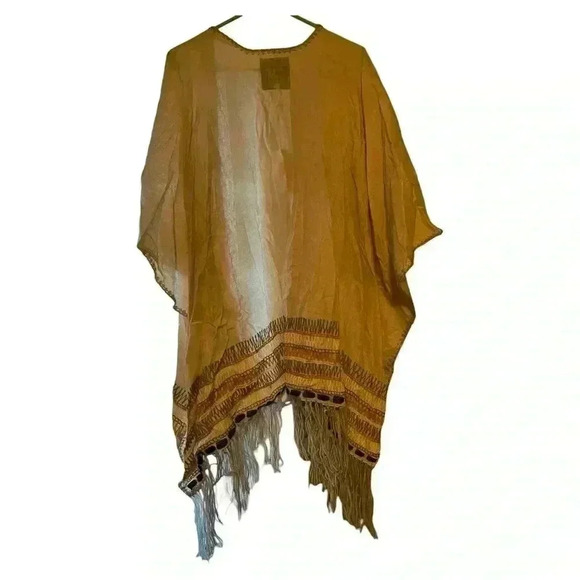 Johnny Was Women's Beige Fringed Poncho Viscose One Size Lightweight Layer - Picture 6 of 11